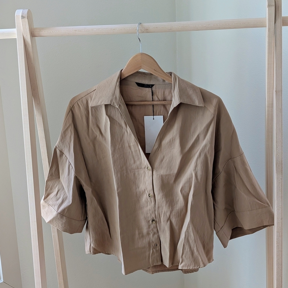 NWT Zara Collared Button-Front Boxy Collared Shirt In Tan - S - Picture 5 of 8